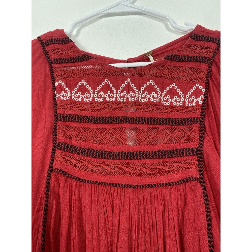 Free People Red Boho Embroidered Lace Peasant Top Women’s Size S/p - Picture 6 of 16